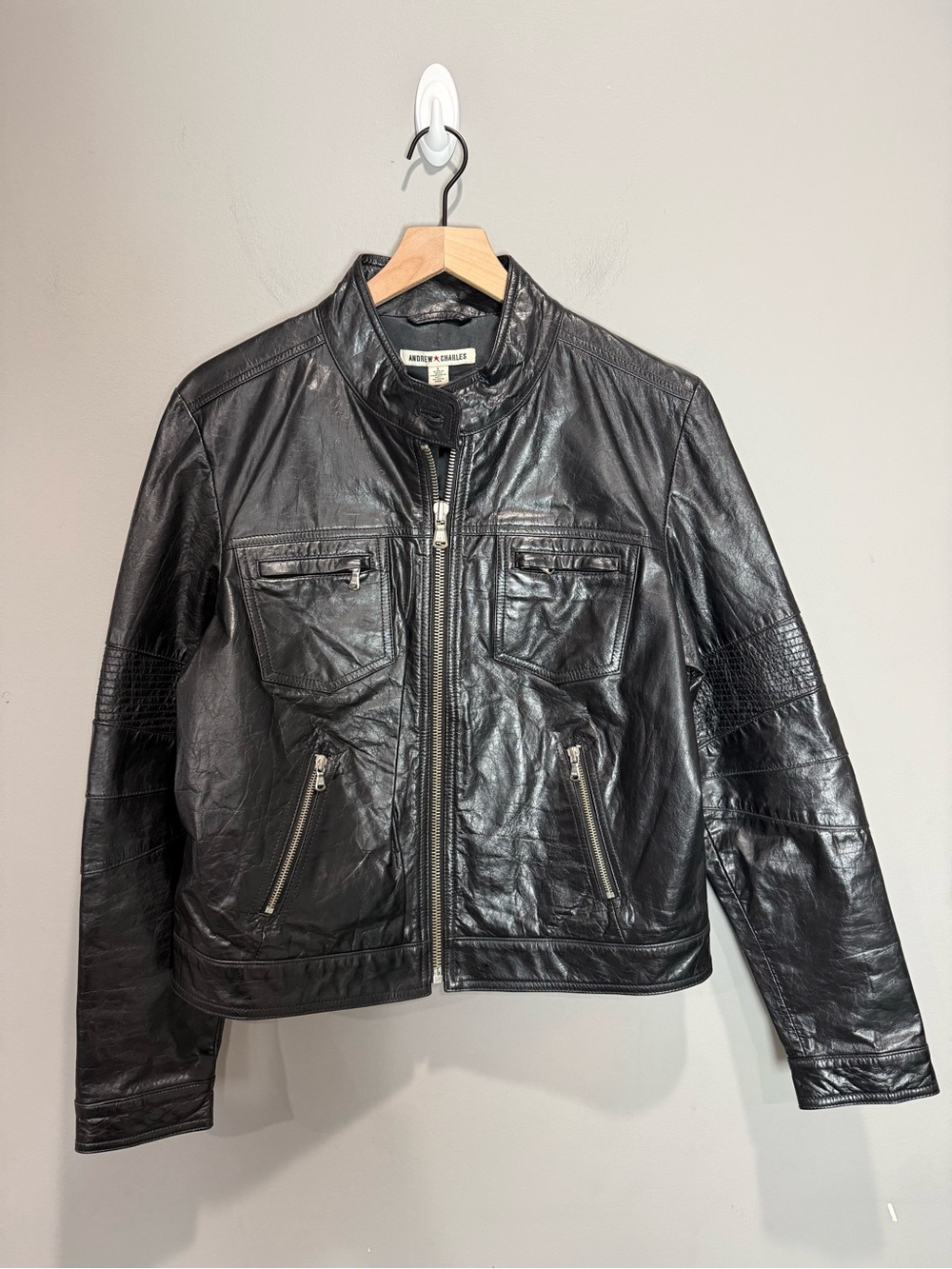 Andrew Charles Black 100% Leather Moto Racer Jacket Size L